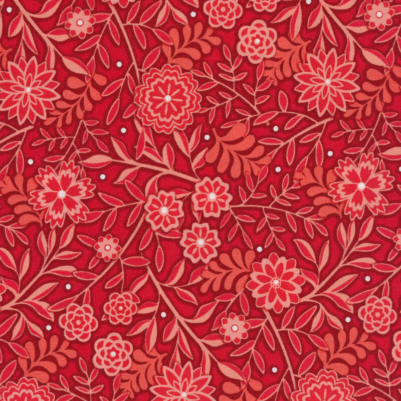 Tonal red Christmas fabric with florals, leaves, and vines
