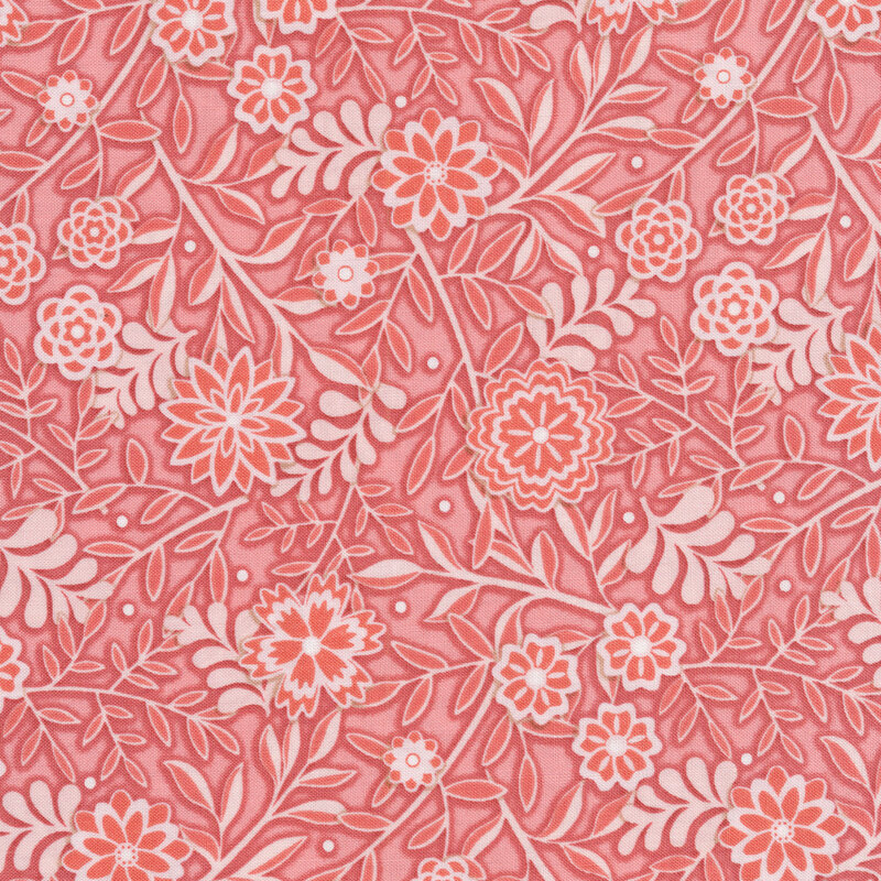 Tonal pink Christmas fabric with florals, leaves, and vines