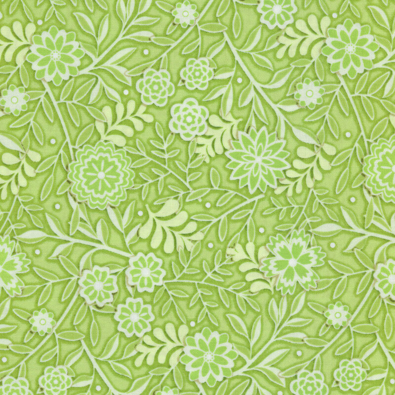 Tonal light green Christmas fabric with florals, leaves, and vines
