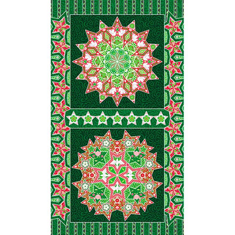 Dark green fabric panel with two large blocks featuring intricate star designs and borders made of connecting stars