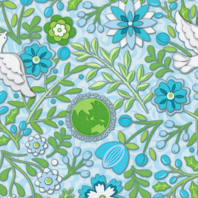 Fabric with green vines and leaves with berries and white doves on a blue tonal scroll background
