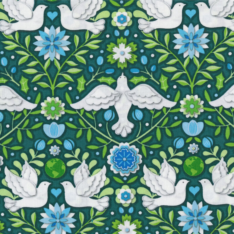 Fabric with green and blue vines and flowers on a green background with white doves in a damask print