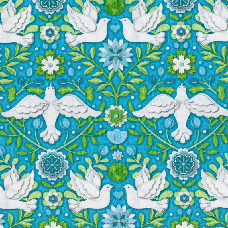 Fabric with green and blue vines and flowers on an aqua background with white doves in a damask print