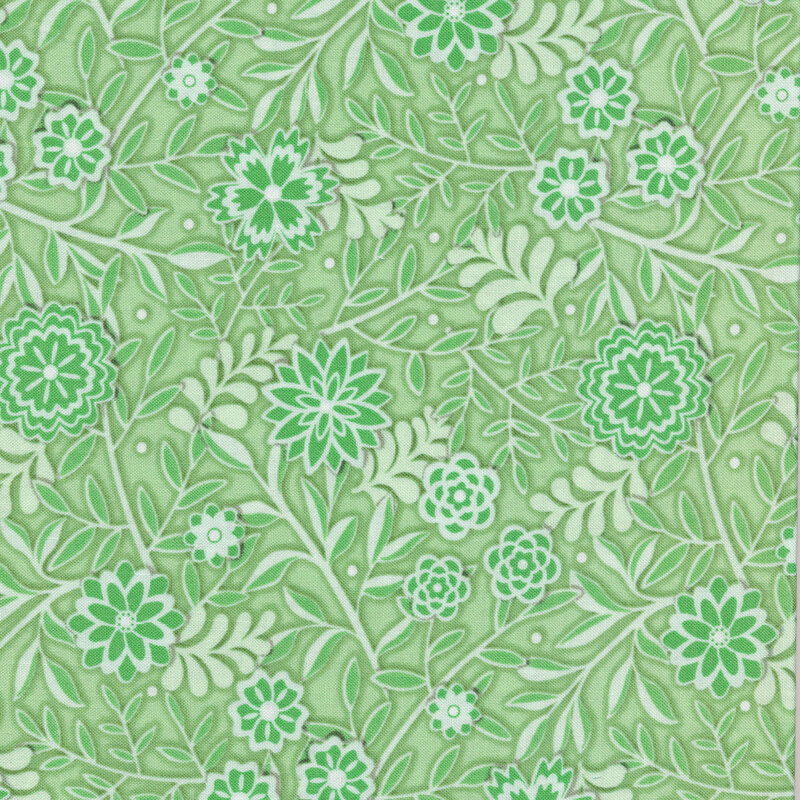 Fabric with sage green vines and flowers on a sage green background