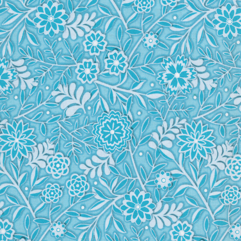 Fabric with light blue vines and flowers on a light blue background