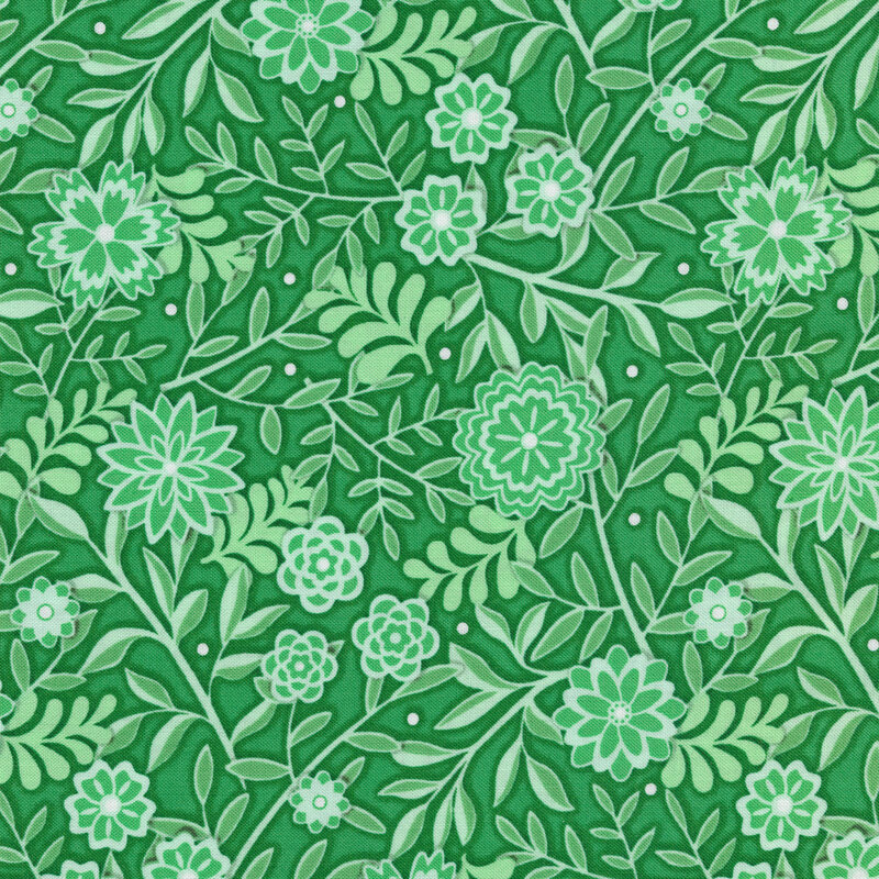 Fabric with sage green vines and flowers on a dark green background