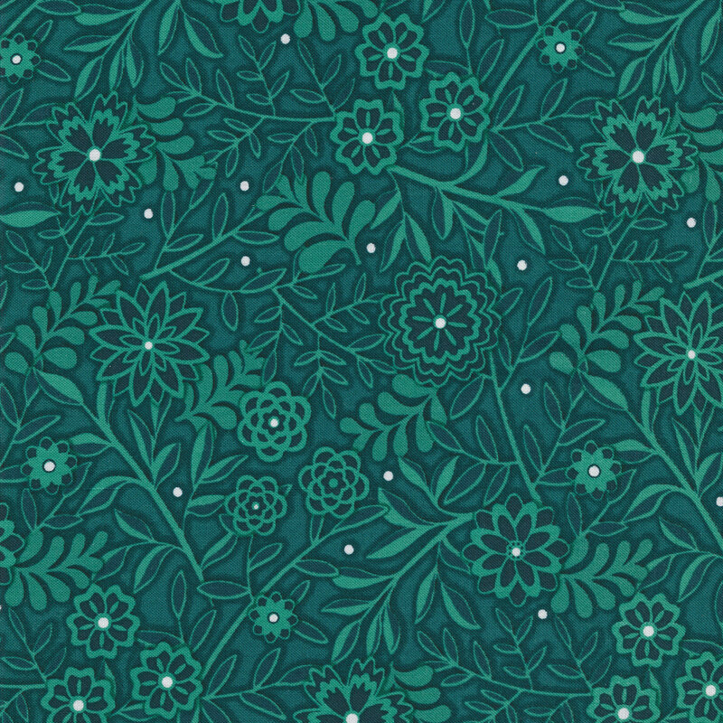 Fabric with light teal vines and flowers on a dark teal green background