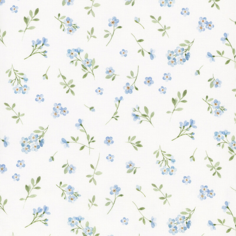 White fabric with tossed forget-me-not flowers with green stems