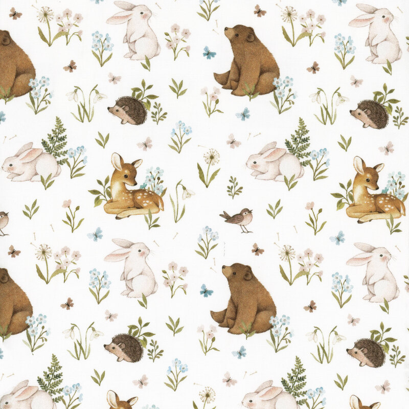 White fabric with short plants and baby animals sitting or laying down all over