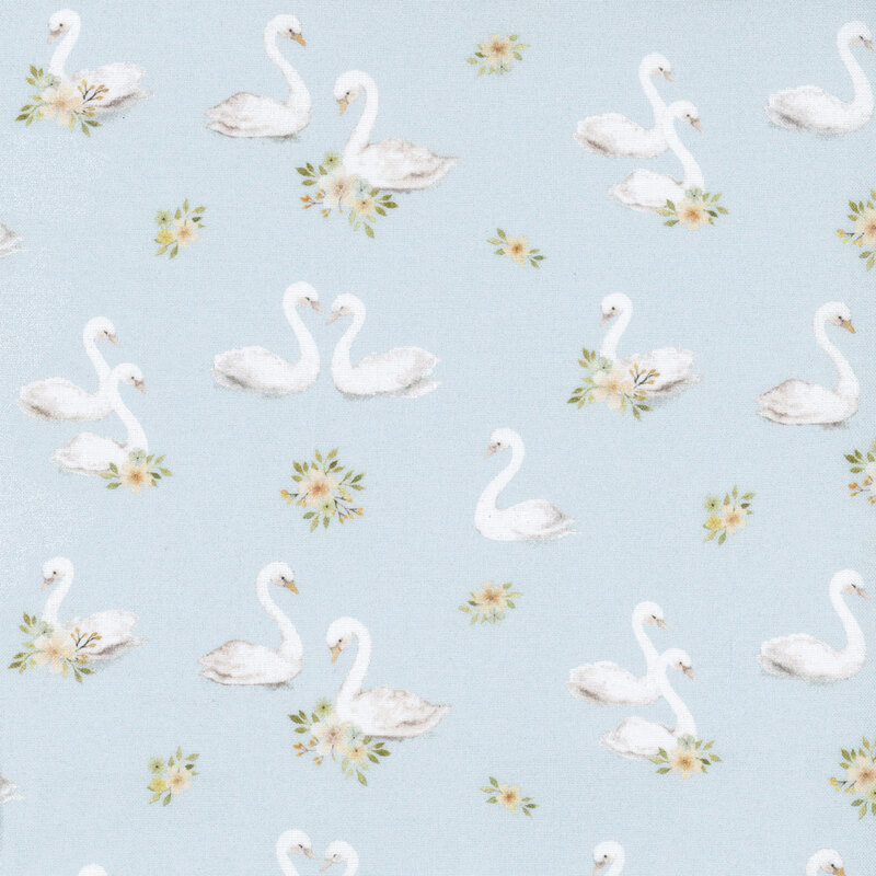 Pale blue fabric with pairs of white swans and yellow flowers.