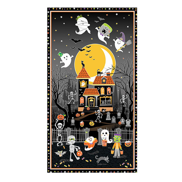 image of fabric panel featuring a haunted house, trick or treating ghosts, mummies, and a large moon