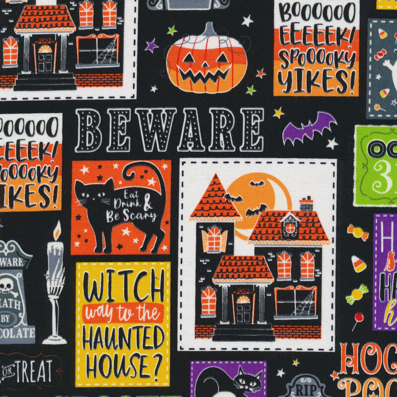 scan of multi-print fabric with jack-o-lanterns, candy, black cats, ghosts and halloween-themed sayings