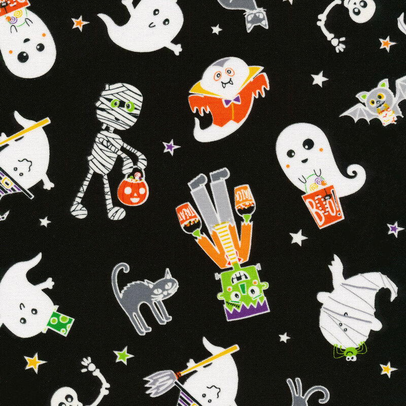 scan of black fabric with cute mummies, ghosts, skeletons, and zombies with black cats and colorful stars on a black background