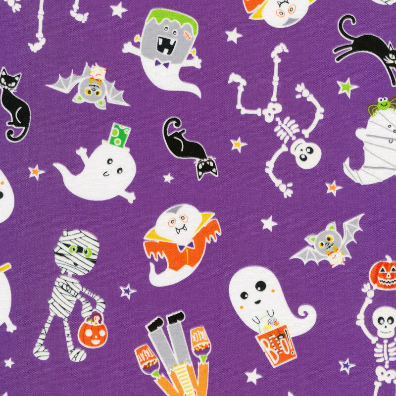 scan of purple fabric with cute mummies, ghosts, skeletons, and zombies with black cats and colorful stars on a purple background