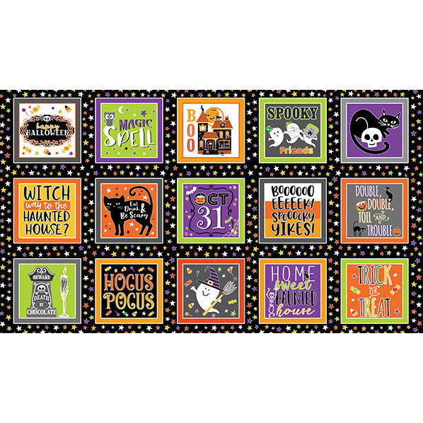 image of panel of squares with cute halloween sayings, black cats, ghosts, and haunted houses
