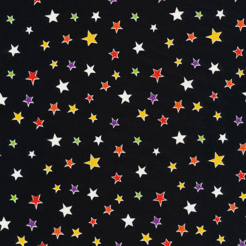 scan of black fabric with tossed colorful stars 