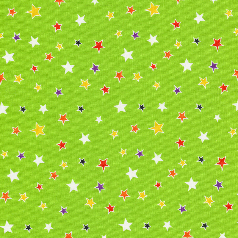 scan of bright green fabric with tossed colorful stars