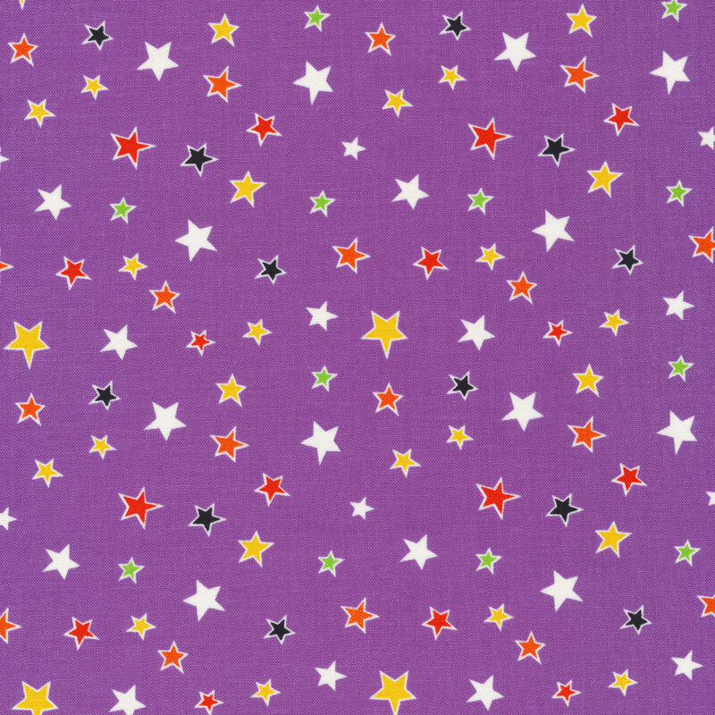scan of purple fabric with tossed colorful stars