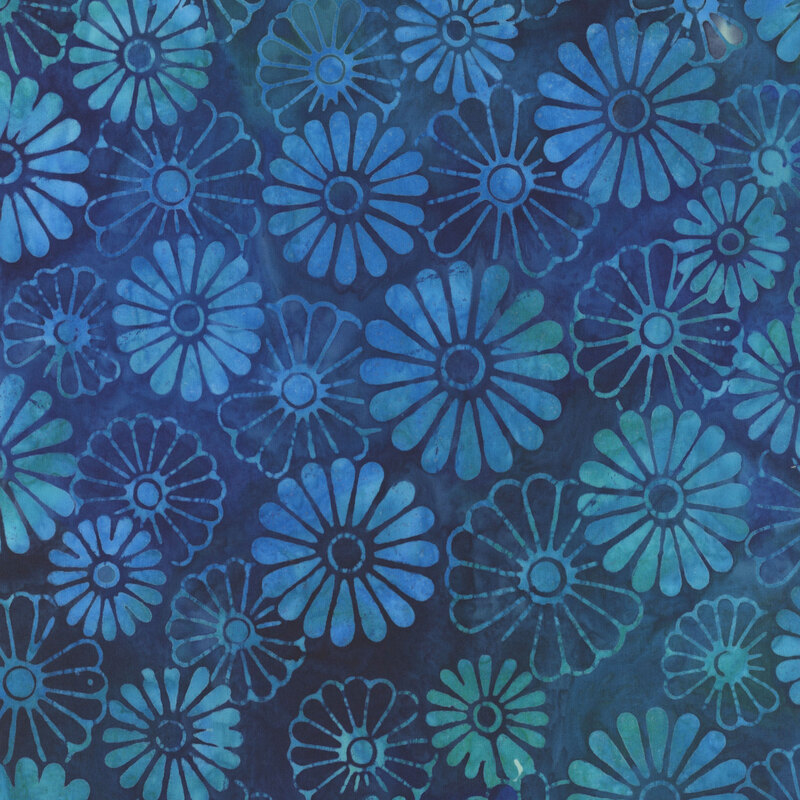 light aqua flowers on a bold blue background