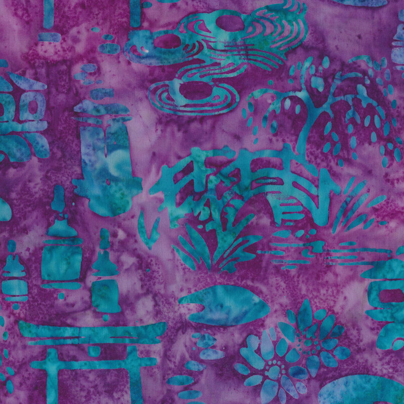 aqua garden bridges, trees, shrines and lily pads on a purple mottled background