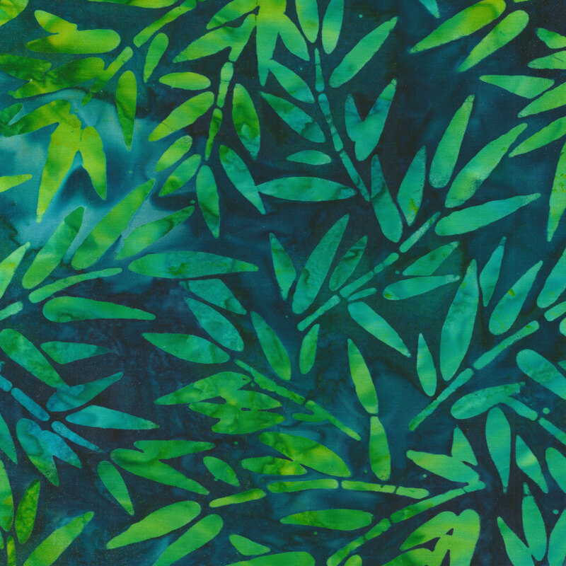 green mottled bamboo print on a dark teal background
