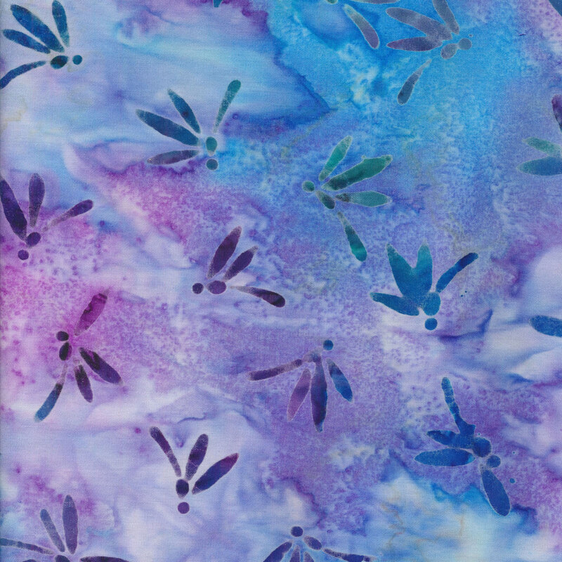 dark purple and blue dragonflies on a magenta and aqua background