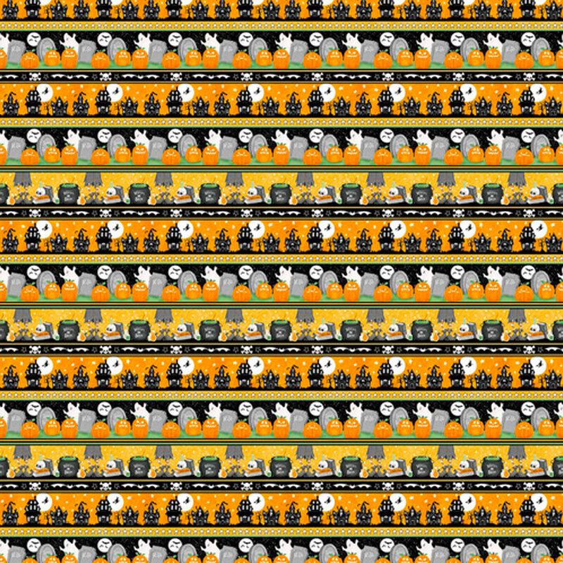 Border stripe fabric with ghosts, jack-o-lanterns, graves and skeletons