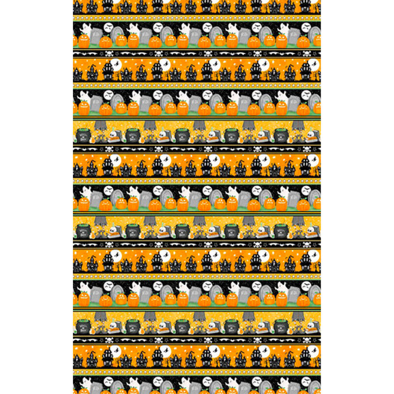 Border stripe fabric with ghosts, jack-o-lanterns, graves and skeletons