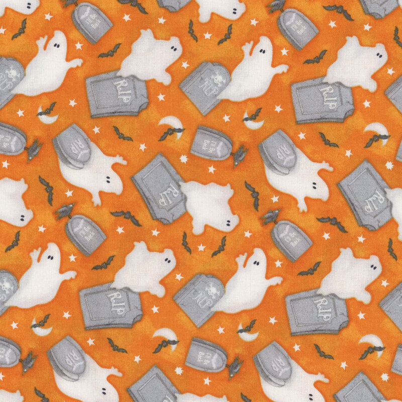 Bright orange fabric with ghosts, gravestones, and bats