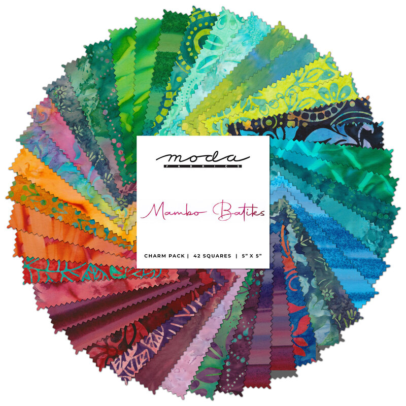 A spiraled collage of batik fabrics included in the Mamo Batiks Charm Pack by Moda Fabrics
