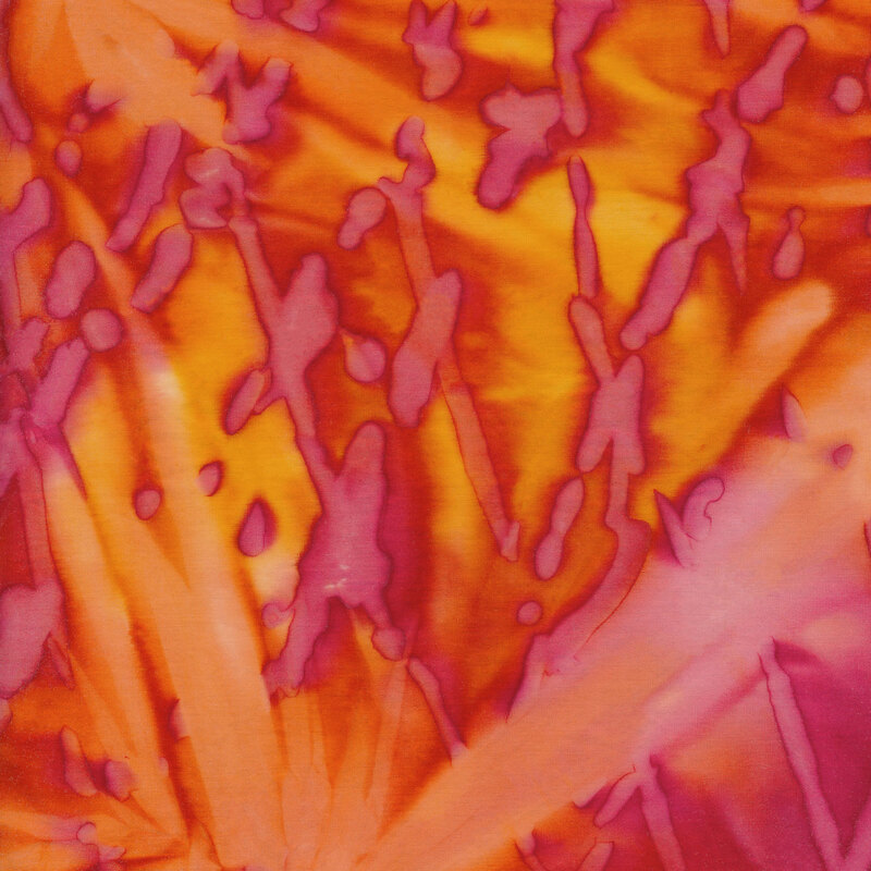 Mottled Orange, Red, and Yellow fabric with Fuschia abstract lines