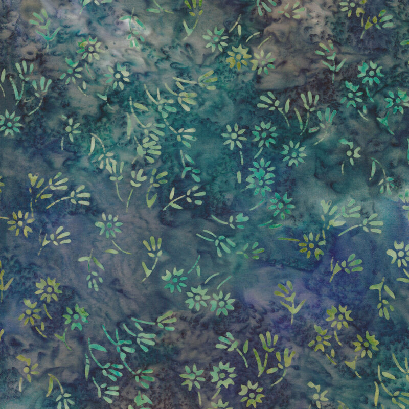 Blue mottled fabric with pale green mottled daisies tossed all over