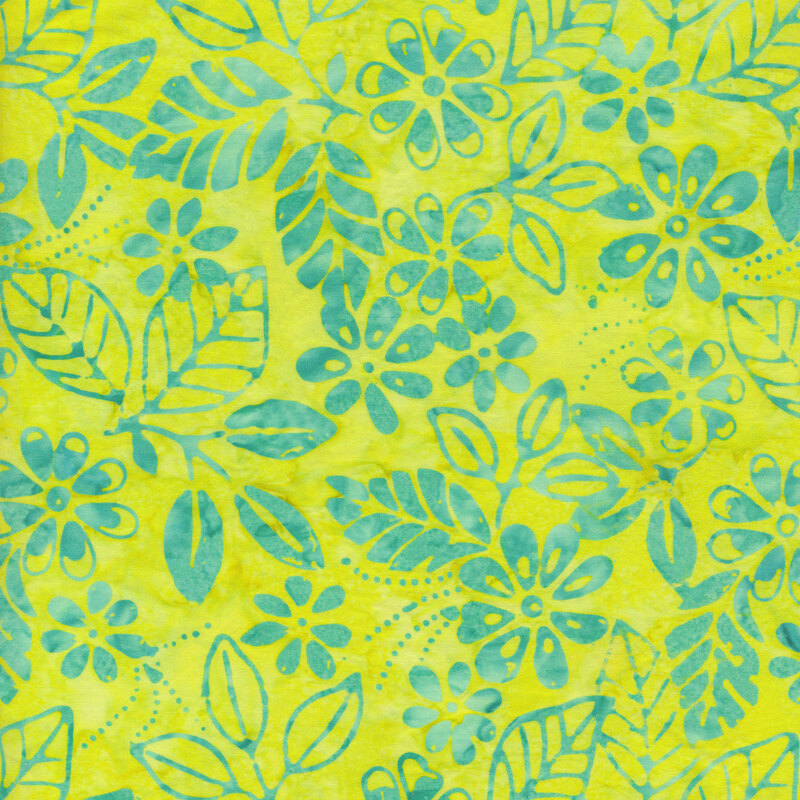 Lime green fabric with light blue leaves and flowers all over