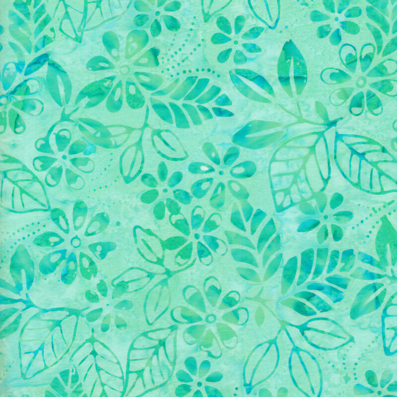 light aqua mottled fabric with darker tonal flowers and leaves all over
