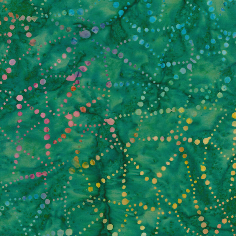 Teal mottled fabric with multicolored dots arranged in lines that intersect
