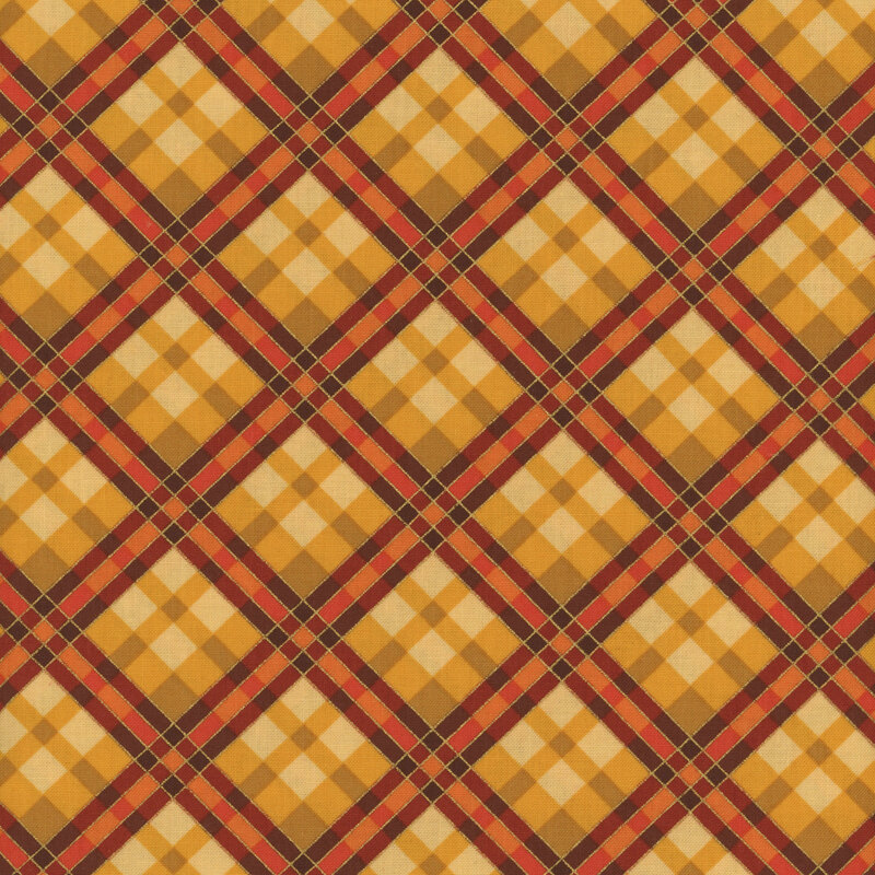 burnt orange and golden yellow plaid fabric with thin gold metallic accents