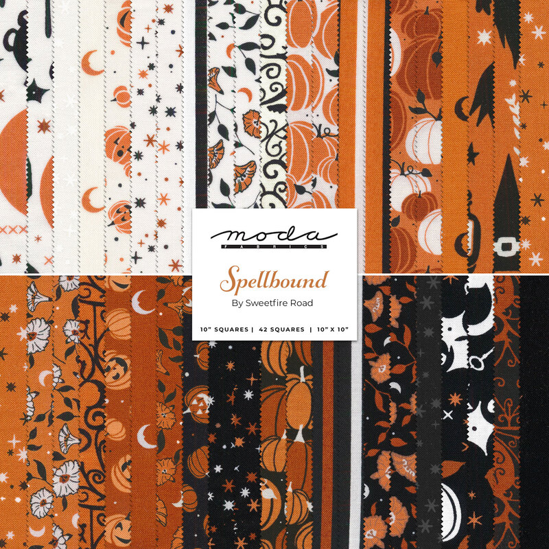 A collage of fabrics included in the Spellbound Layer Cake