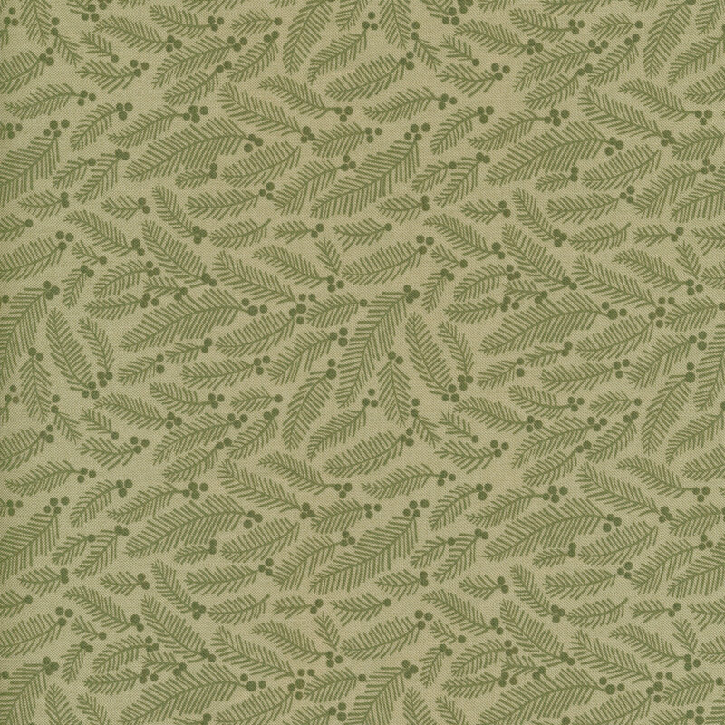 fabric featuring green pine sprigs and berries on a lighter sage green background