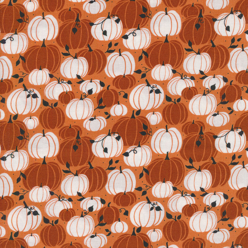 Orange fabric covered in orange and white pumpkins with black leaves and vines