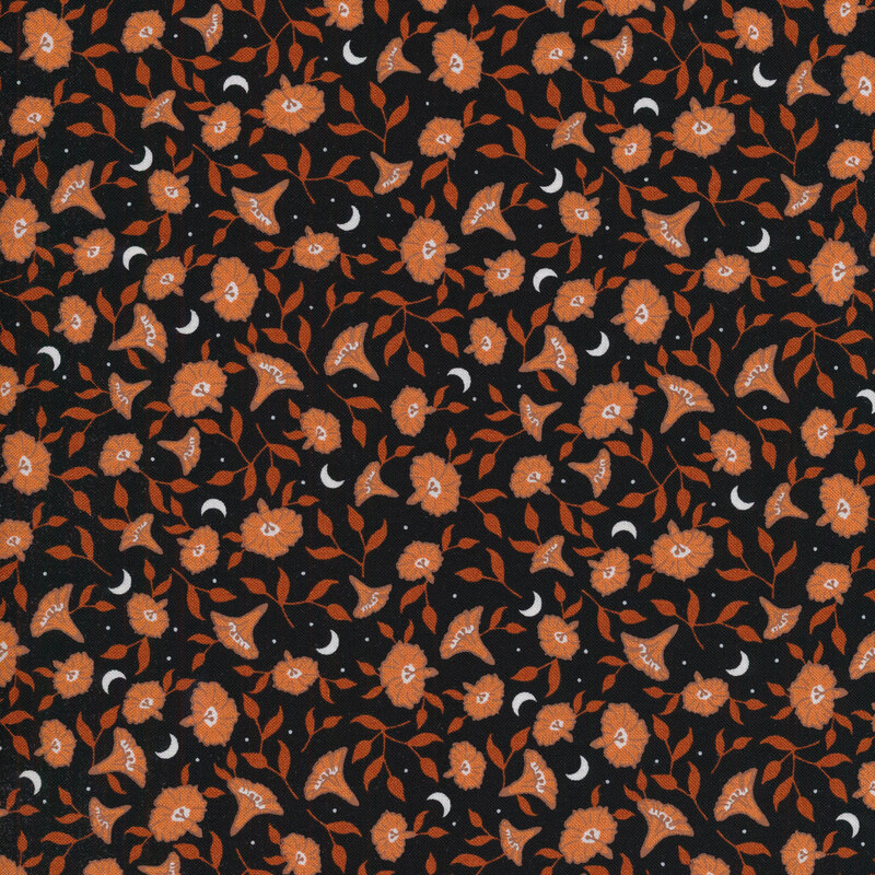 Black fabric with tossed orange pumpkin flowers with orange leaves and tiny white crescent moons between them