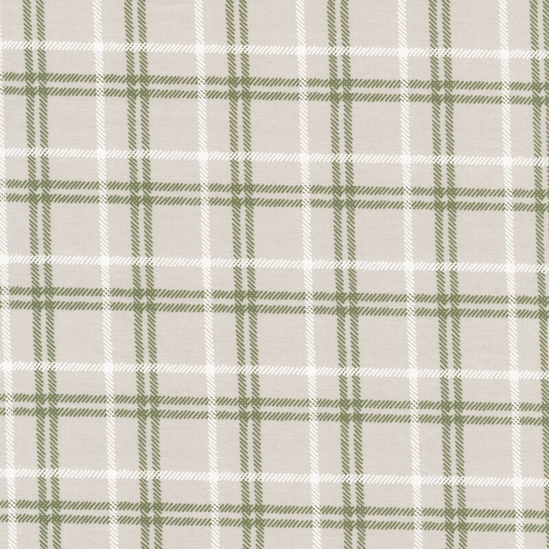 fabric featuring green and white plaid stripes on a gray background