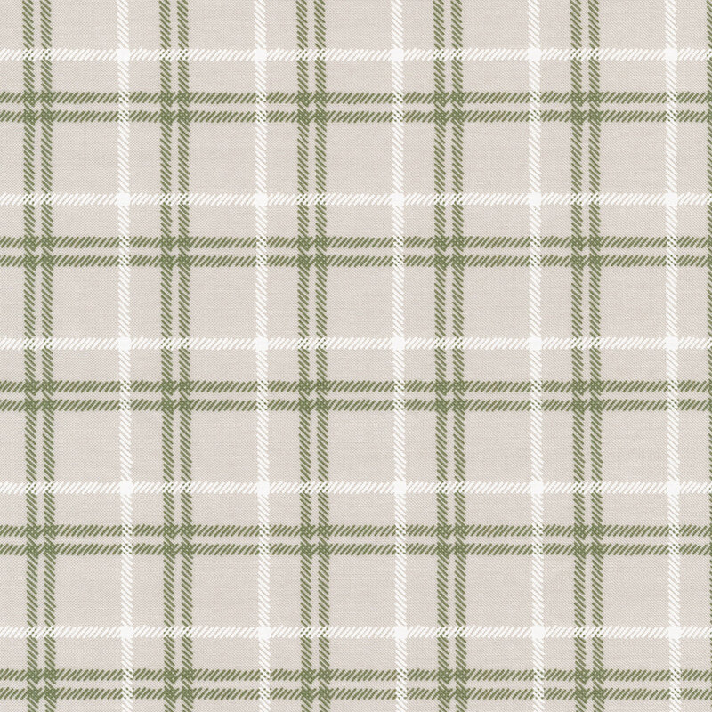 fabric featuring green and white plaid stripes on a gray background