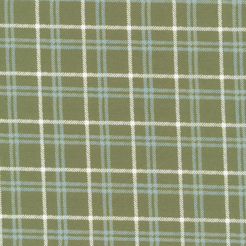 fabric featuring light blue and white plaid stripes on a green background