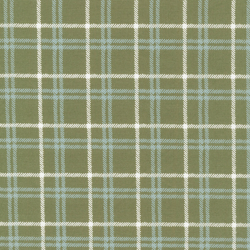 fabric featuring light blue and white plaid stripes on a green background