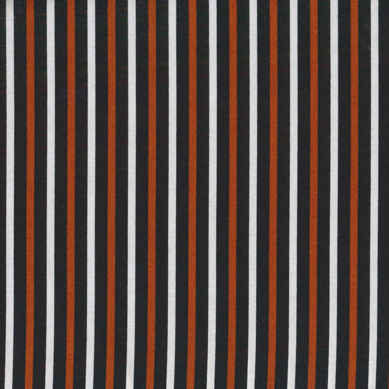 Black fabric with evenly spaced orange and white stripes