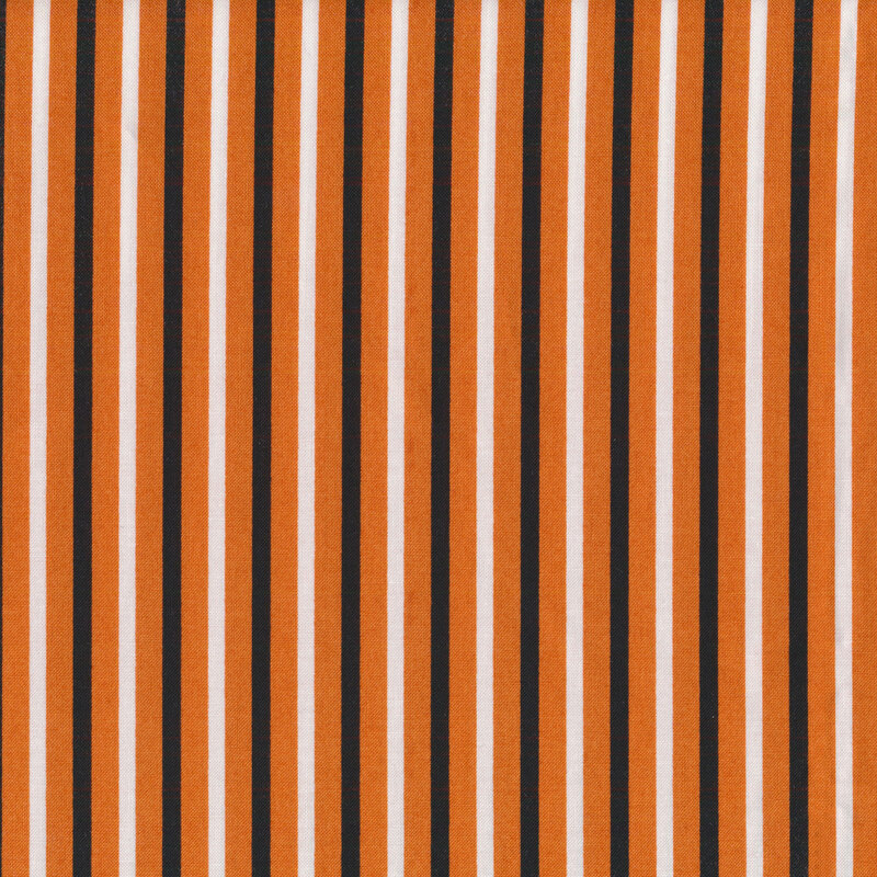 Orange fabric with evenly spaced black and white stripes
