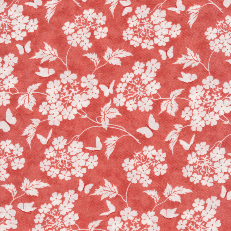 Pink mottled fabric with white, long stemmed flower bunches and white butterfly silhouettes