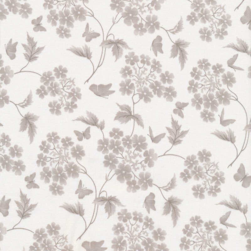 white fabric with gray, long stemmed flower bunches and gray butterfly silhouettes