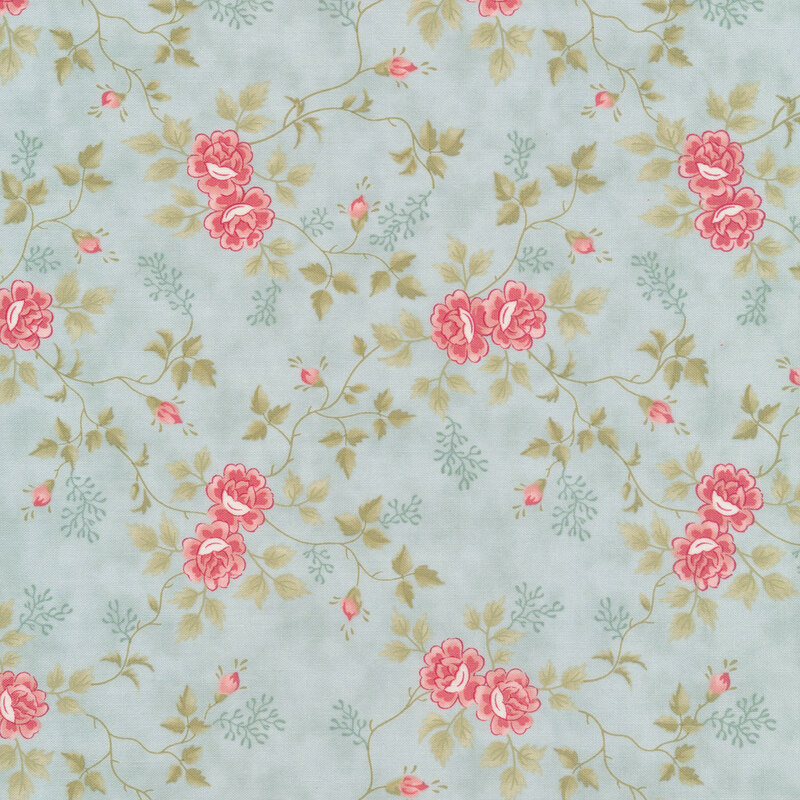 Light blue fabric with interconnected pink roses and bunches of blue flowers with green leaves