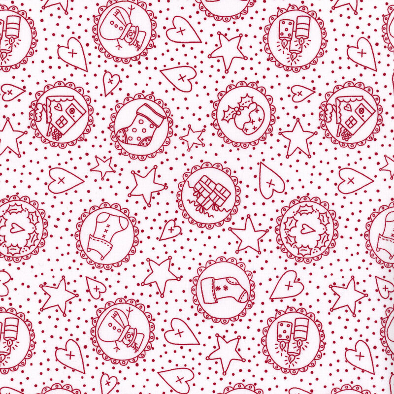 fabric featuring red tossed circles with different images of Christmas items, surrounded by red dots, hearts and stars on a white background.